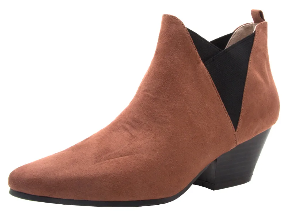 Qupid Women's Western Closed Pointed Toe Chunky Stacked Mid Heel Ankle Bootie