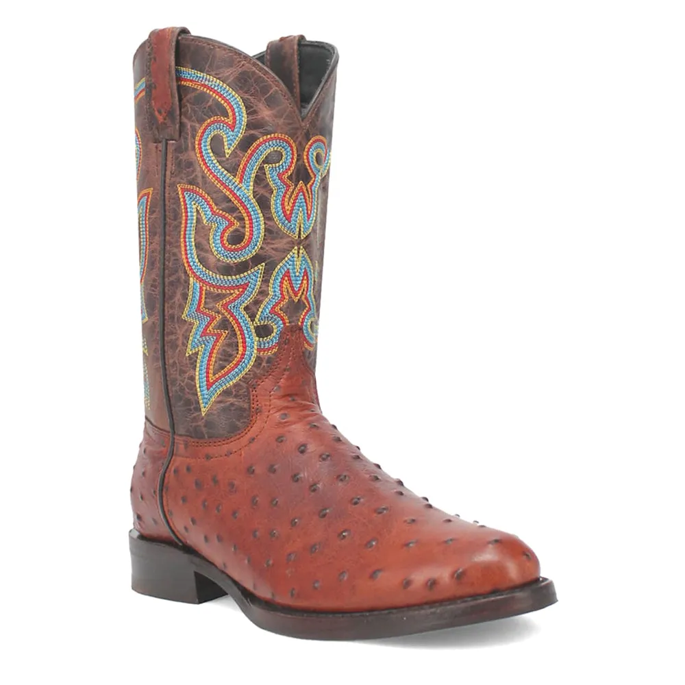 Ranger Leather Embroidered Ostrich Print Round Toe Cowboy Boots