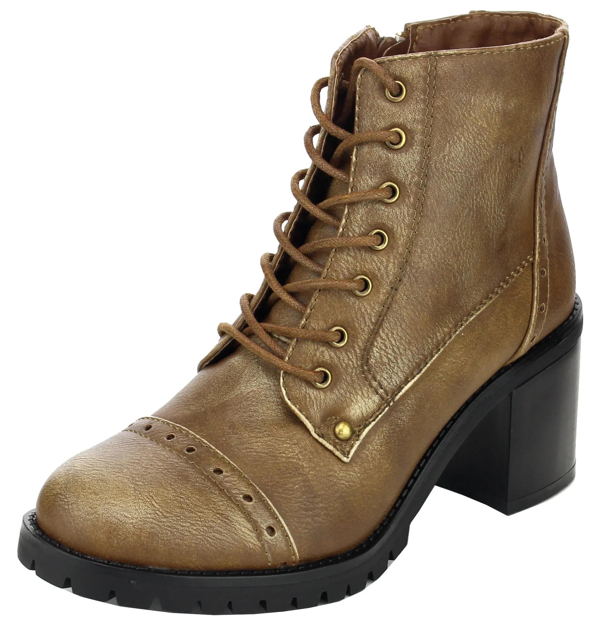 Refresh Footwear Women's Distressed Moto Combat Chunky Stacked Heel Ankle Bootie