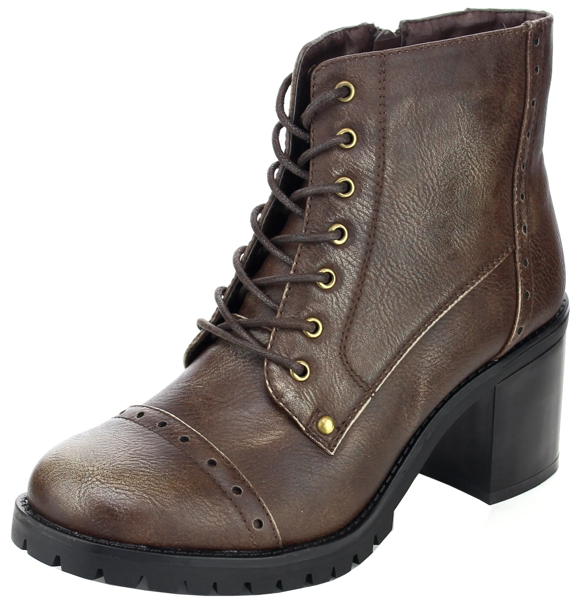 Refresh Footwear Women's Distressed Moto Combat Chunky Stacked Heel Ankle Bootie