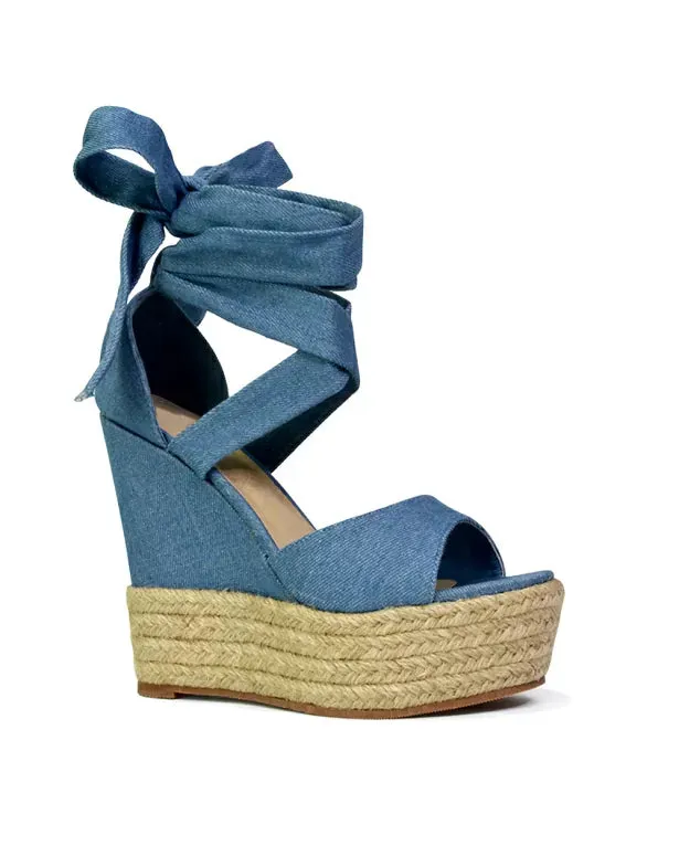 Sansa Strappy Lace up Woven Effect Platform High Heel Sandal Wedges In Denim