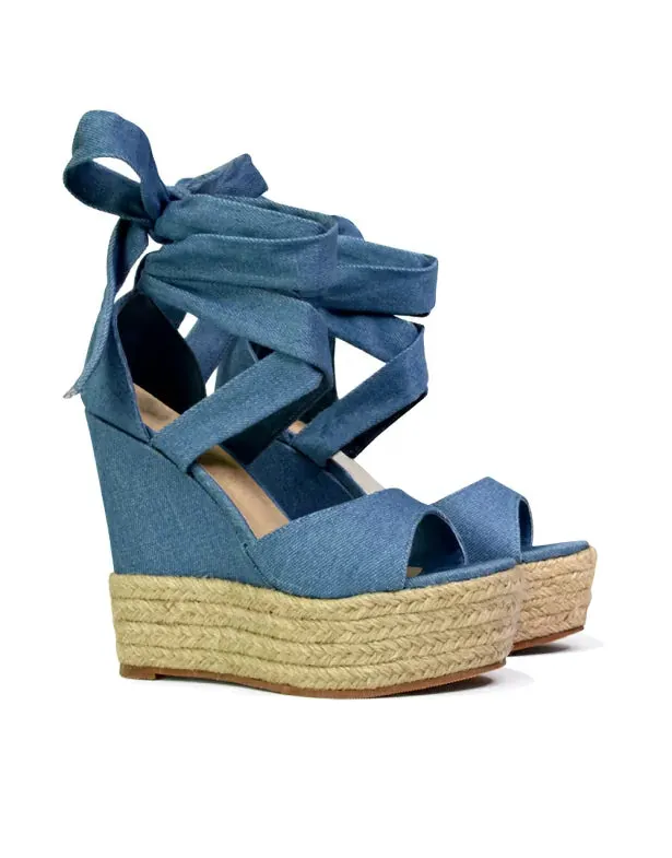 Sansa Strappy Lace up Woven Effect Platform High Heel Sandal Wedges In Denim