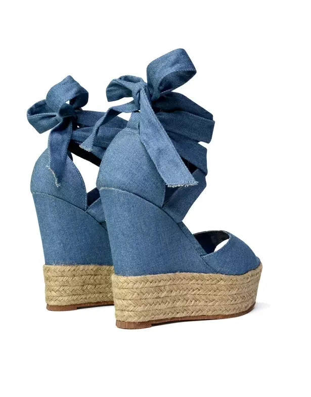 Sansa Strappy Lace up Woven Effect Platform High Heel Sandal Wedges In Denim