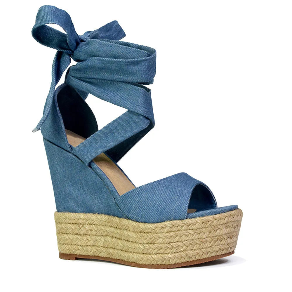 Sansa Strappy Lace up Woven Effect Platform High Heel Sandal Wedges In Denim