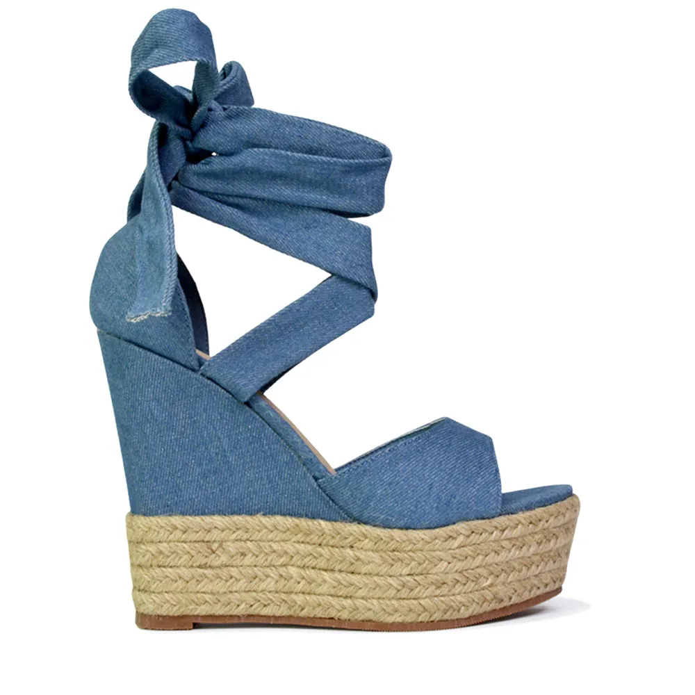 Sansa Strappy Lace up Woven Effect Platform High Heel Sandal Wedges In Denim