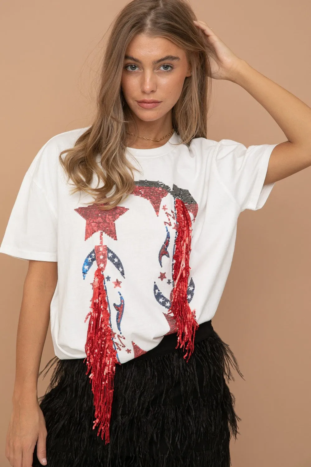 SEQUIN COWBOY FRINGE GRAPHIC T-SHIRT