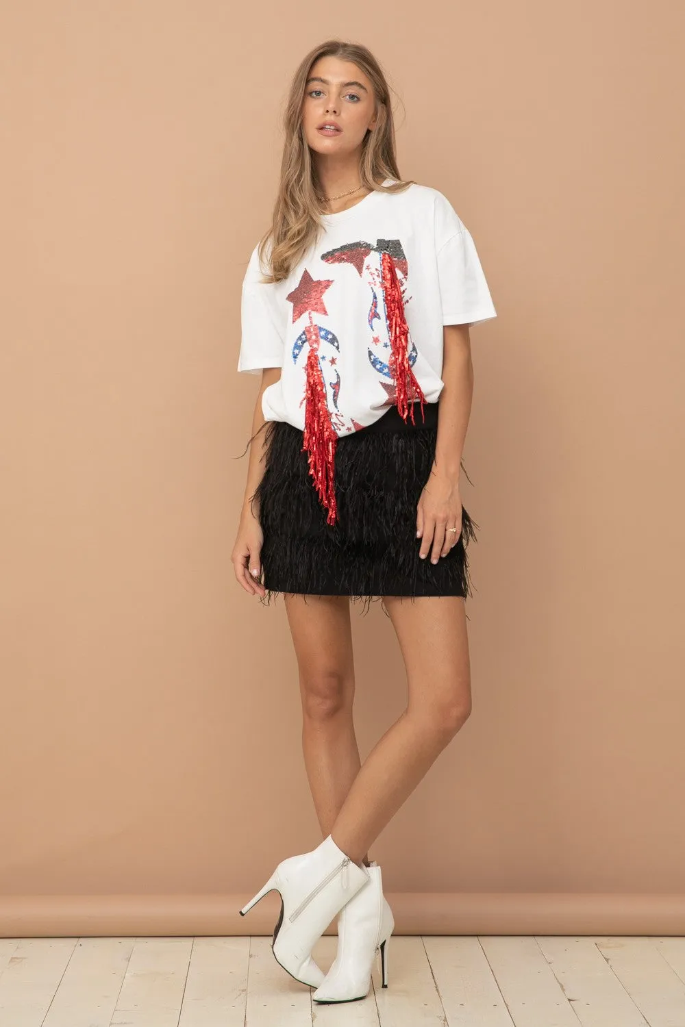 SEQUIN COWBOY FRINGE GRAPHIC T-SHIRT