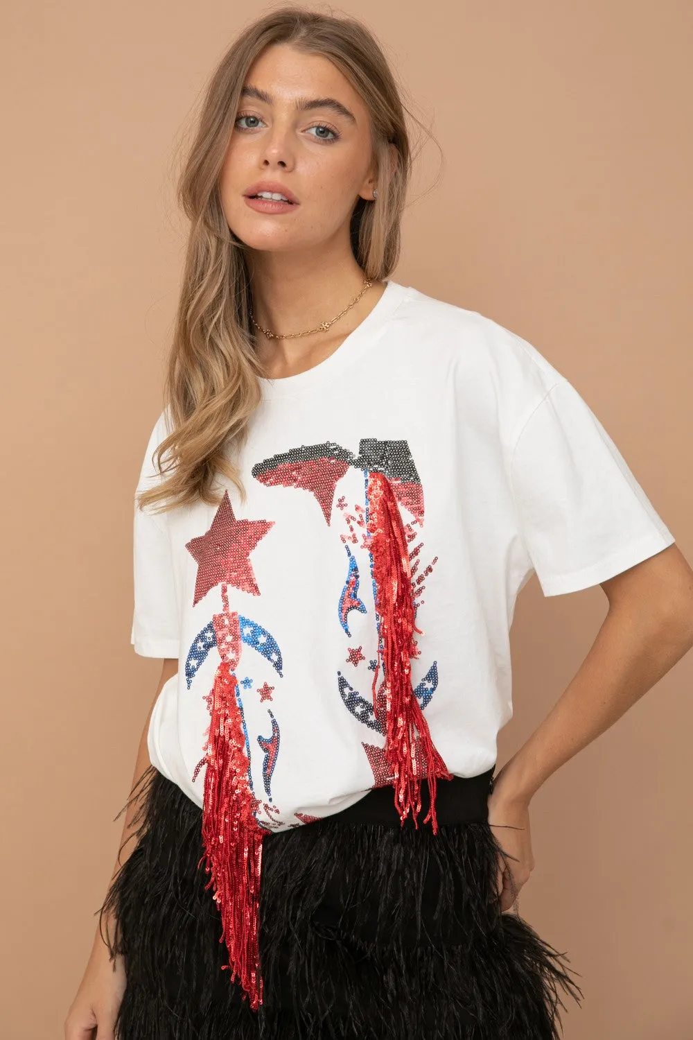 SEQUIN COWBOY FRINGE GRAPHIC T-SHIRT