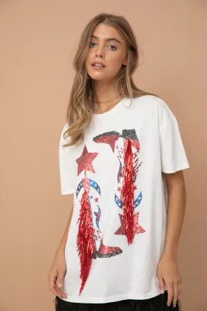 SEQUIN COWBOY FRINGE GRAPHIC T-SHIRT