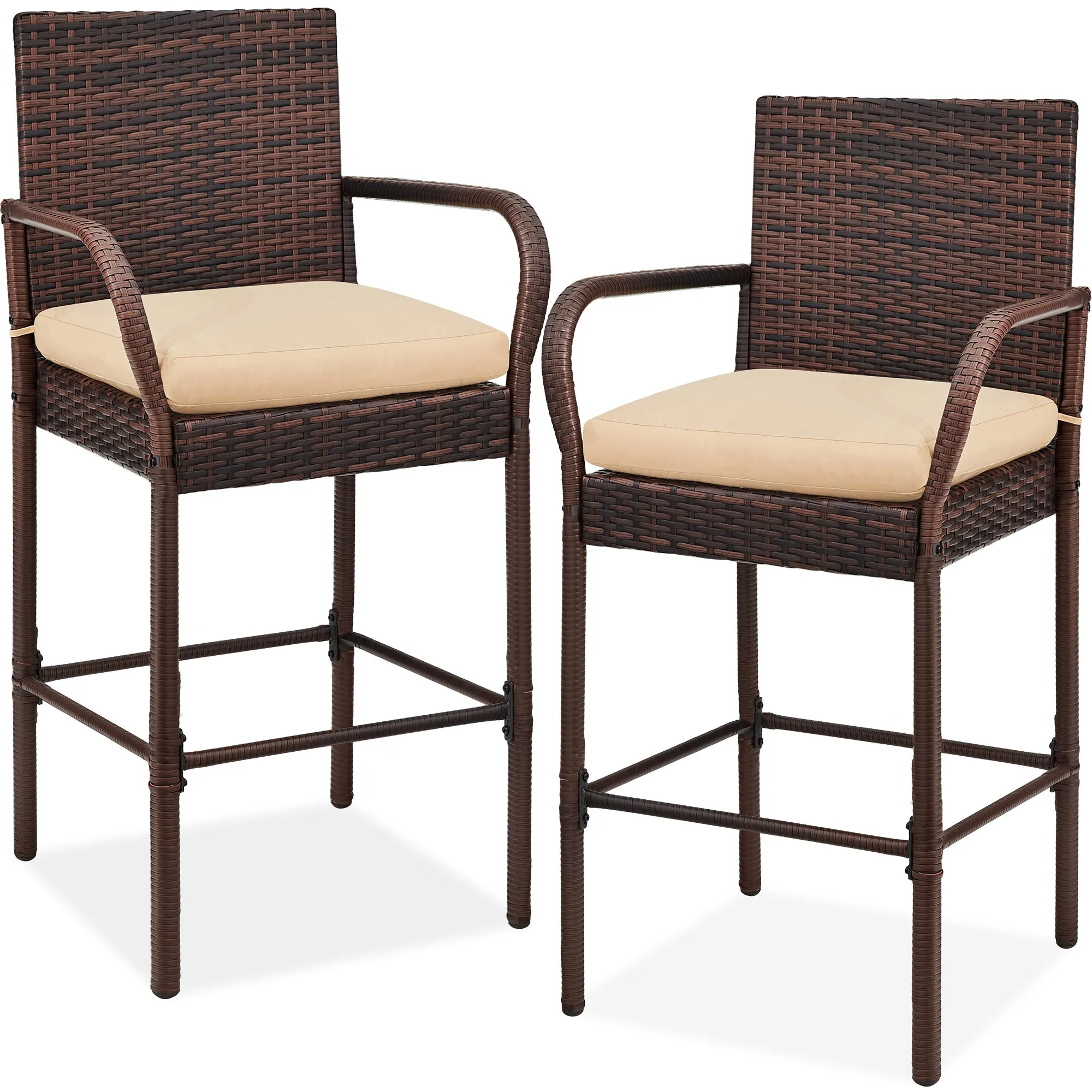 Set of 2 Indoor Outdoor Wicker Bar Stools w/ Cushion, Footrests, Armrests