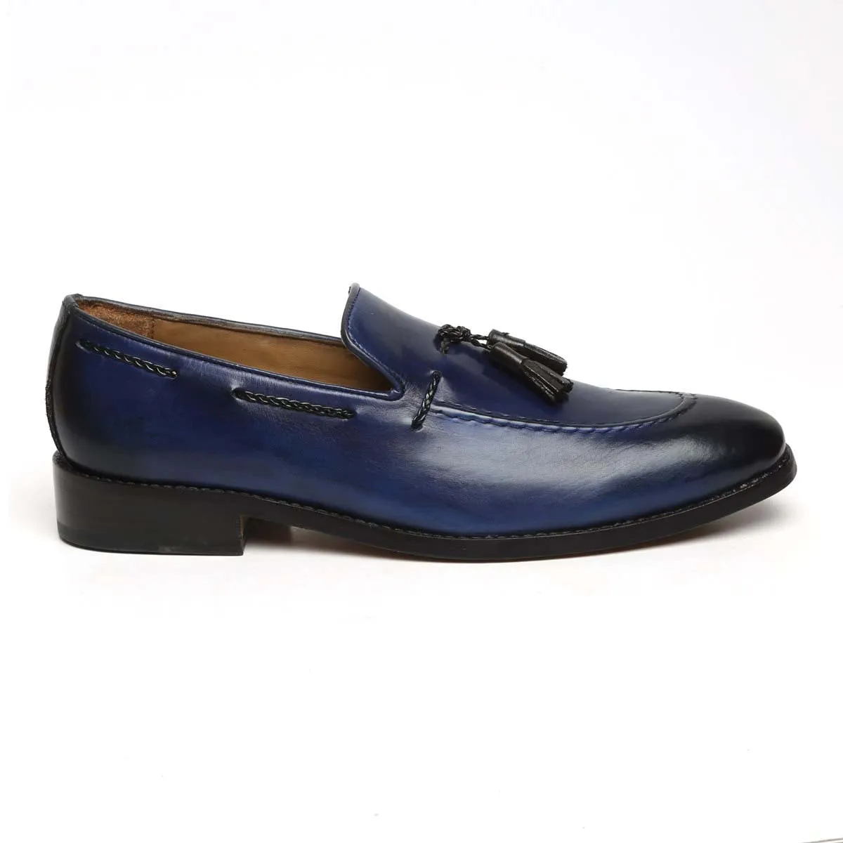 Side Lacing Tassel Loafers in Navy Blue Genuine Leather By Brune & Bareskin