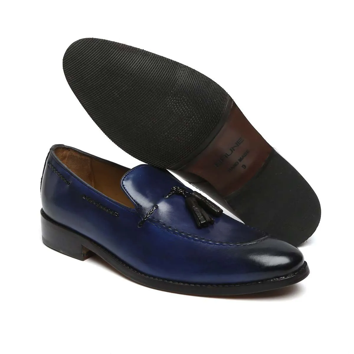 Side Lacing Tassel Loafers in Navy Blue Genuine Leather By Brune & Bareskin