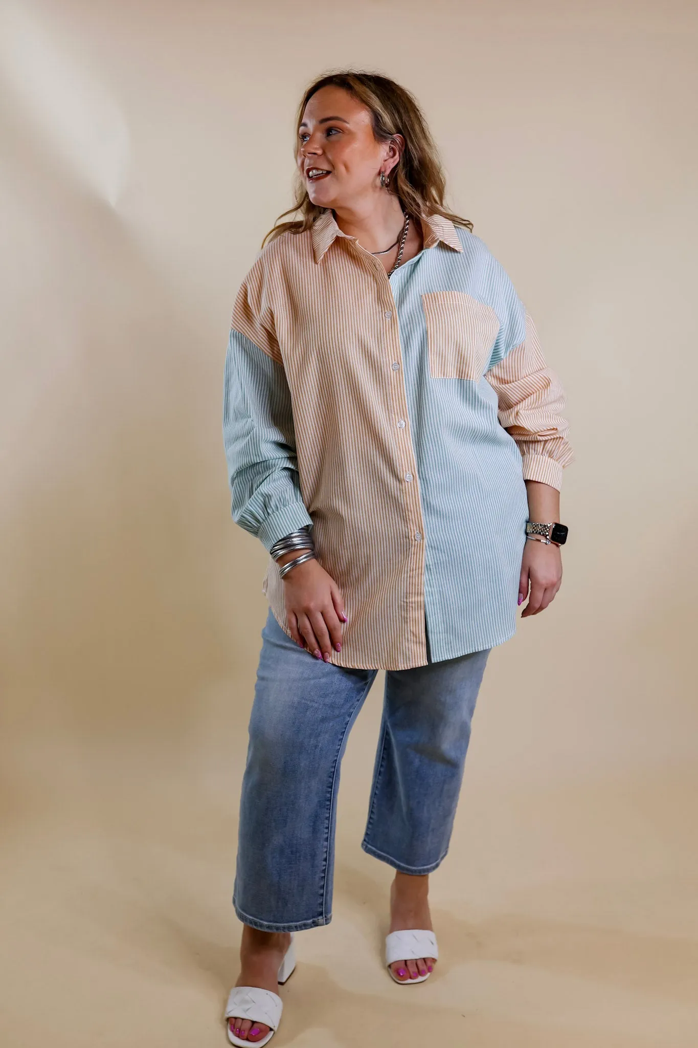 Simply Polished Pin Stripe Long Sleeve Button Up Top in Sage Green and Mustard Yellow