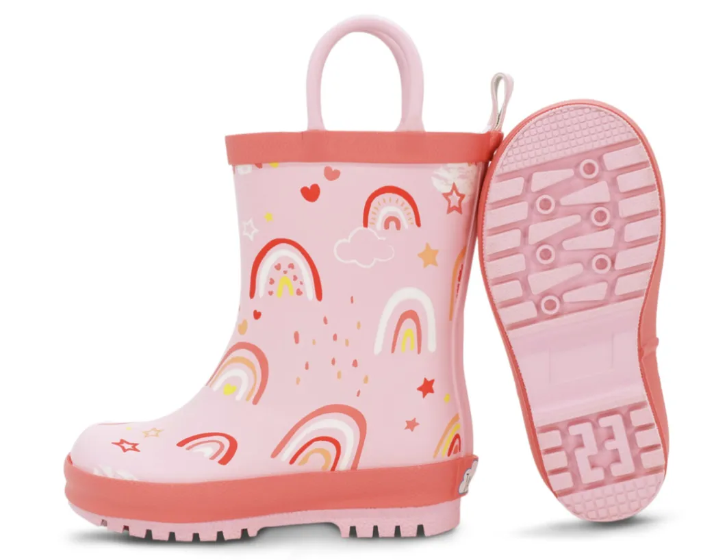 Size 9: Jan & Jul PINK RAINBOW Puddle Dry Loop Handle Rain Boots NEW