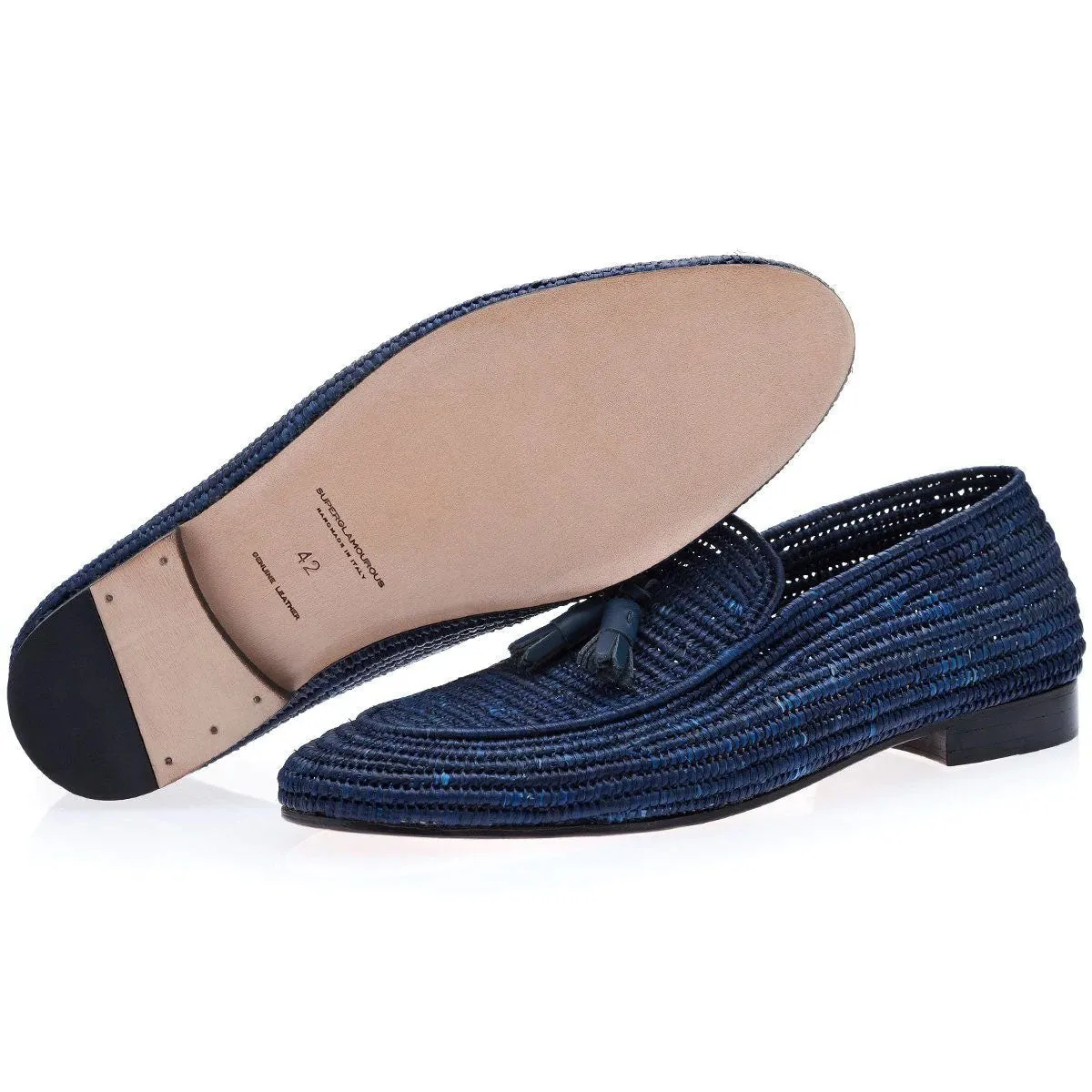 SUPERGLAMOUROUS Melilla Rafia Men's Shoes Navy Fabric Tassel Loafers (SPGM1058)