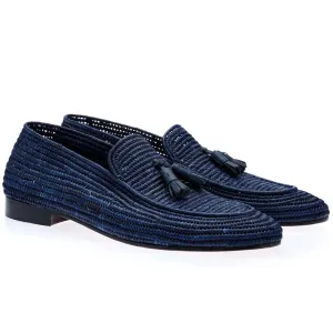 SUPERGLAMOUROUS Melilla Rafia Men's Shoes Navy Fabric Tassel Loafers (SPGM1058)