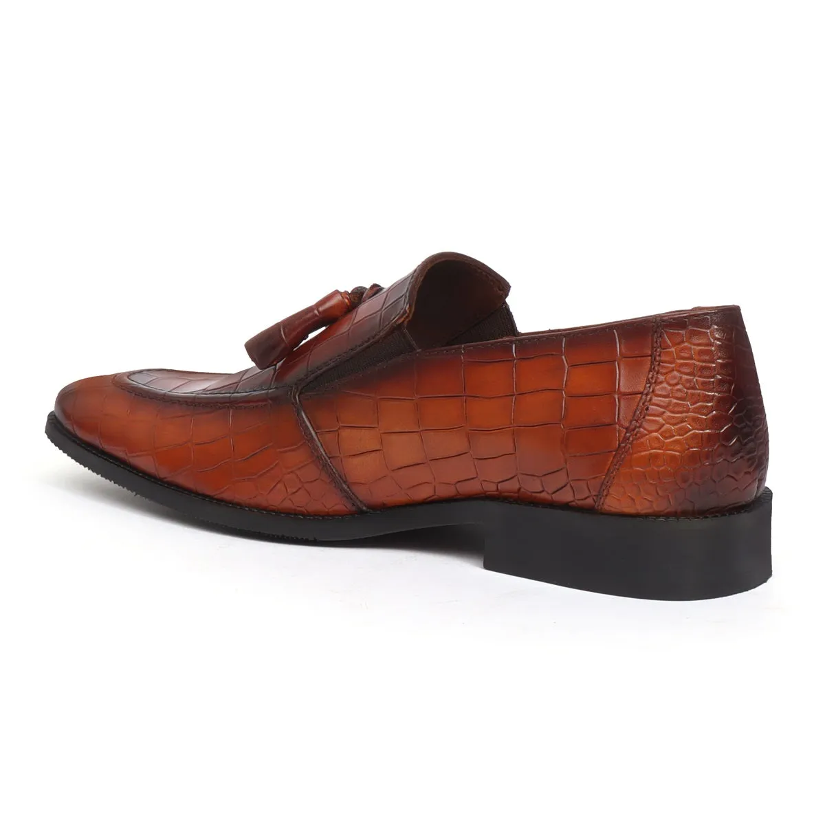 Tan Sleek Look Tassel Hand Painted Deep Cut Croco Leather Loafer For Men By Brune & Bareskin