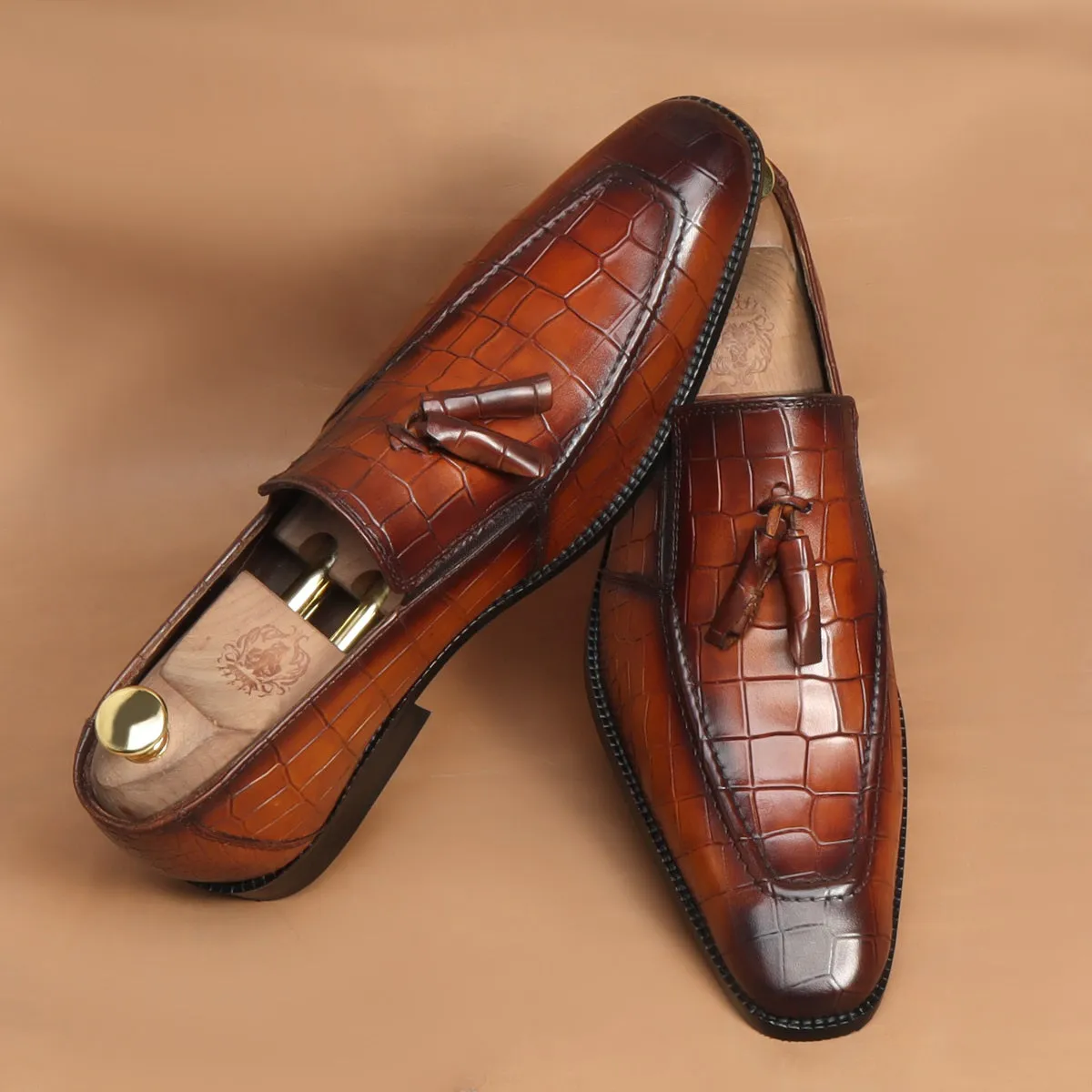 Tan Sleek Look Tassel Hand Painted Deep Cut Croco Leather Loafer For Men By Brune & Bareskin