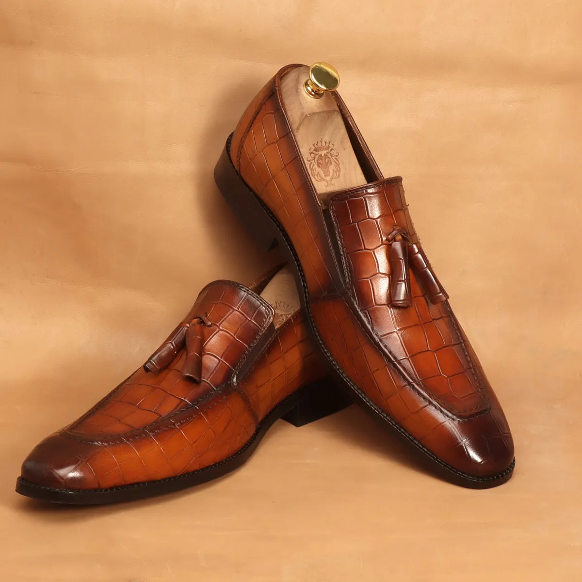 Tan Sleek Look Tassel Hand Painted Deep Cut Croco Leather Loafer For Men By Brune & Bareskin