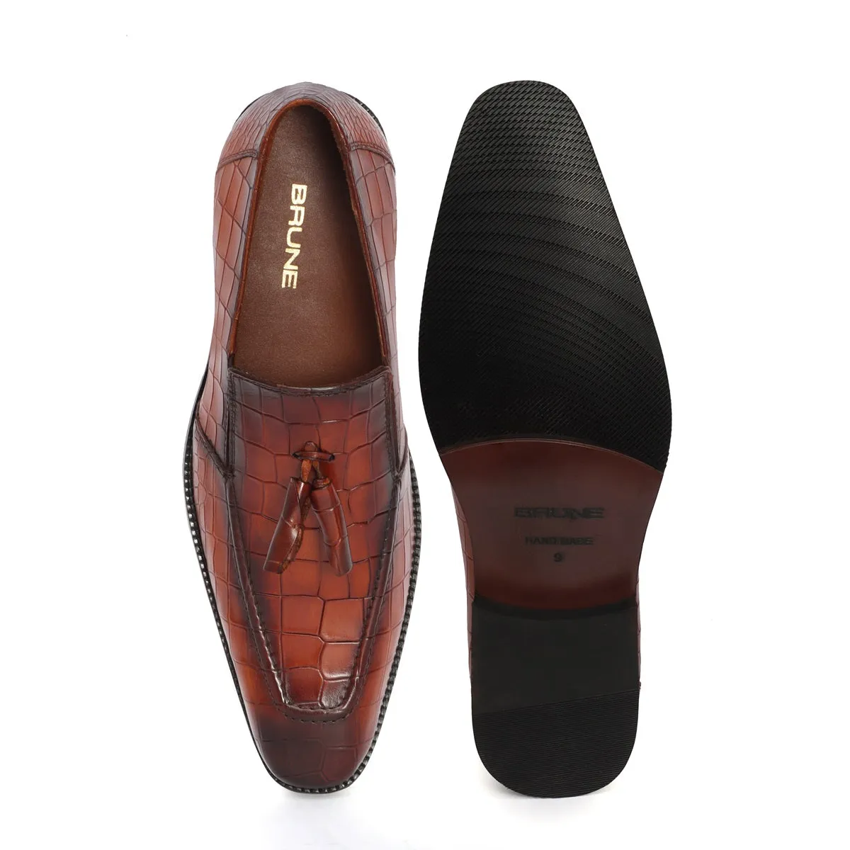 Tan Sleek Look Tassel Hand Painted Deep Cut Croco Leather Loafer For Men By Brune & Bareskin