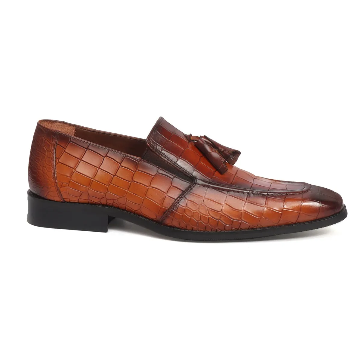 Tan Sleek Look Tassel Hand Painted Deep Cut Croco Leather Loafer For Men By Brune & Bareskin