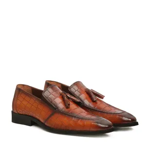 Tan Sleek Look Tassel Hand Painted Deep Cut Croco Leather Loafer For Men By Brune & Bareskin