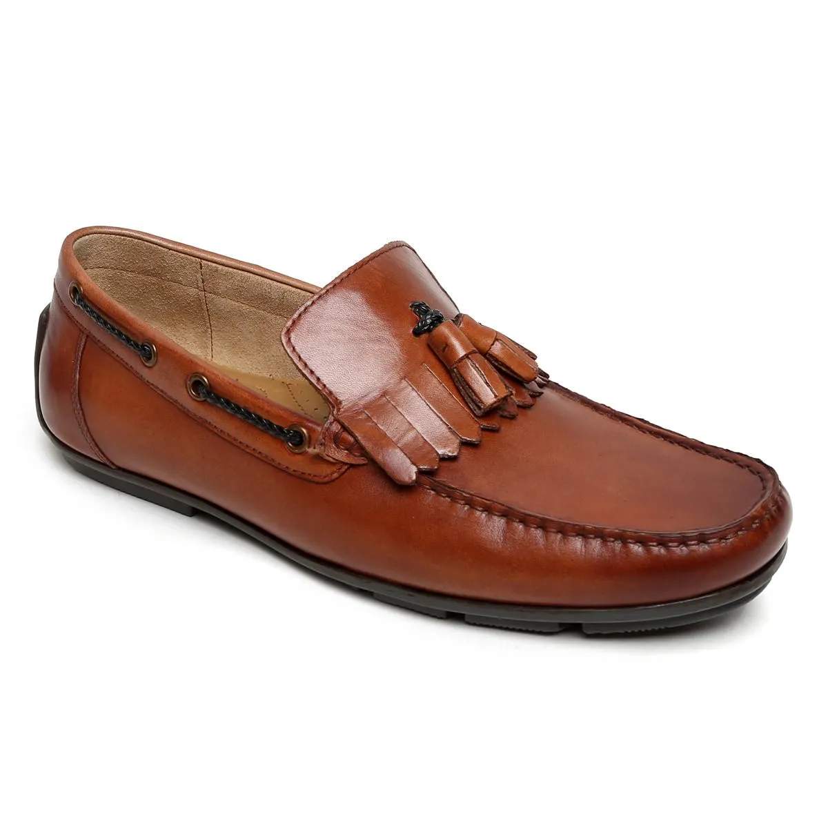 Tan Tassel-Fringes Leather Moccasins Men's Loafer By Brune & Bareskin