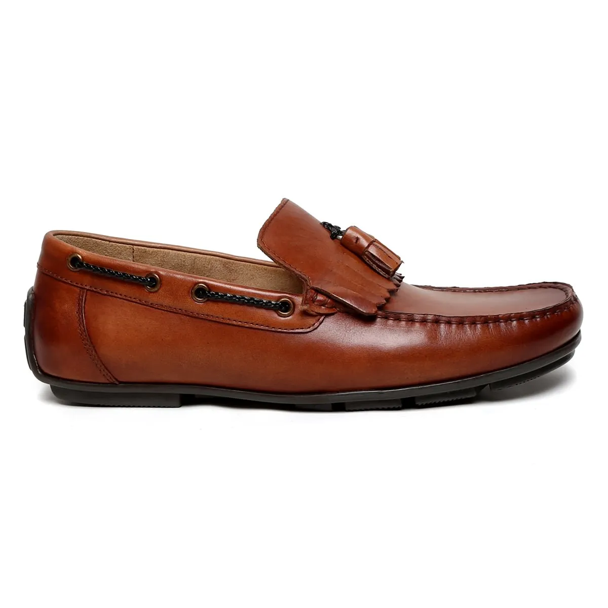 Tan Tassel-Fringes Leather Moccasins Men's Loafer By Brune & Bareskin