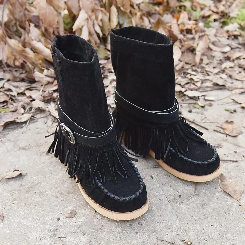 Tassel Flat Sole Large Buckle Hand Sewn National Style Cotton Boots