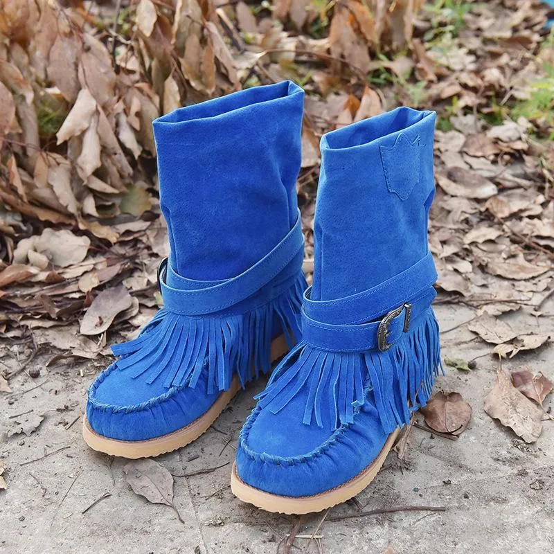 Tassel Flat Sole Large Buckle Hand Sewn National Style Cotton Boots