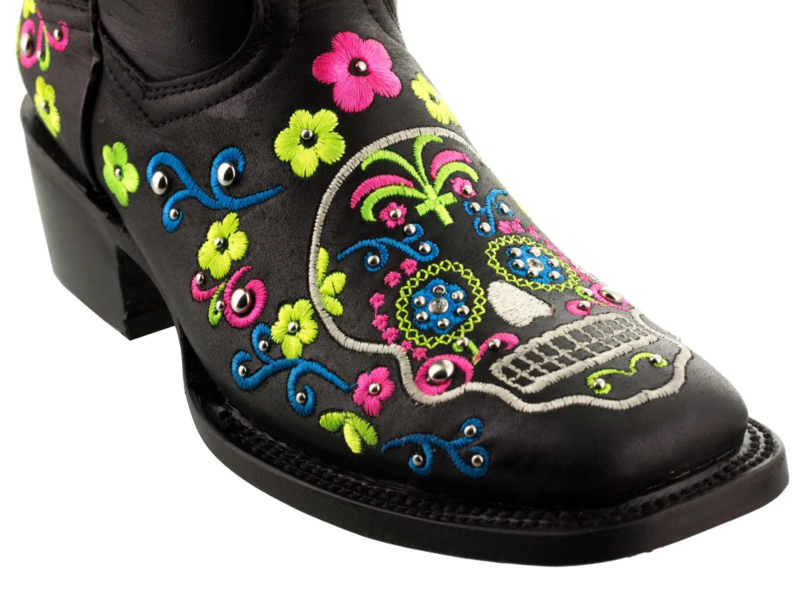 Women Catrina Black Sugar Skull Embroidered Leather Cowboy Boot - Square Toe