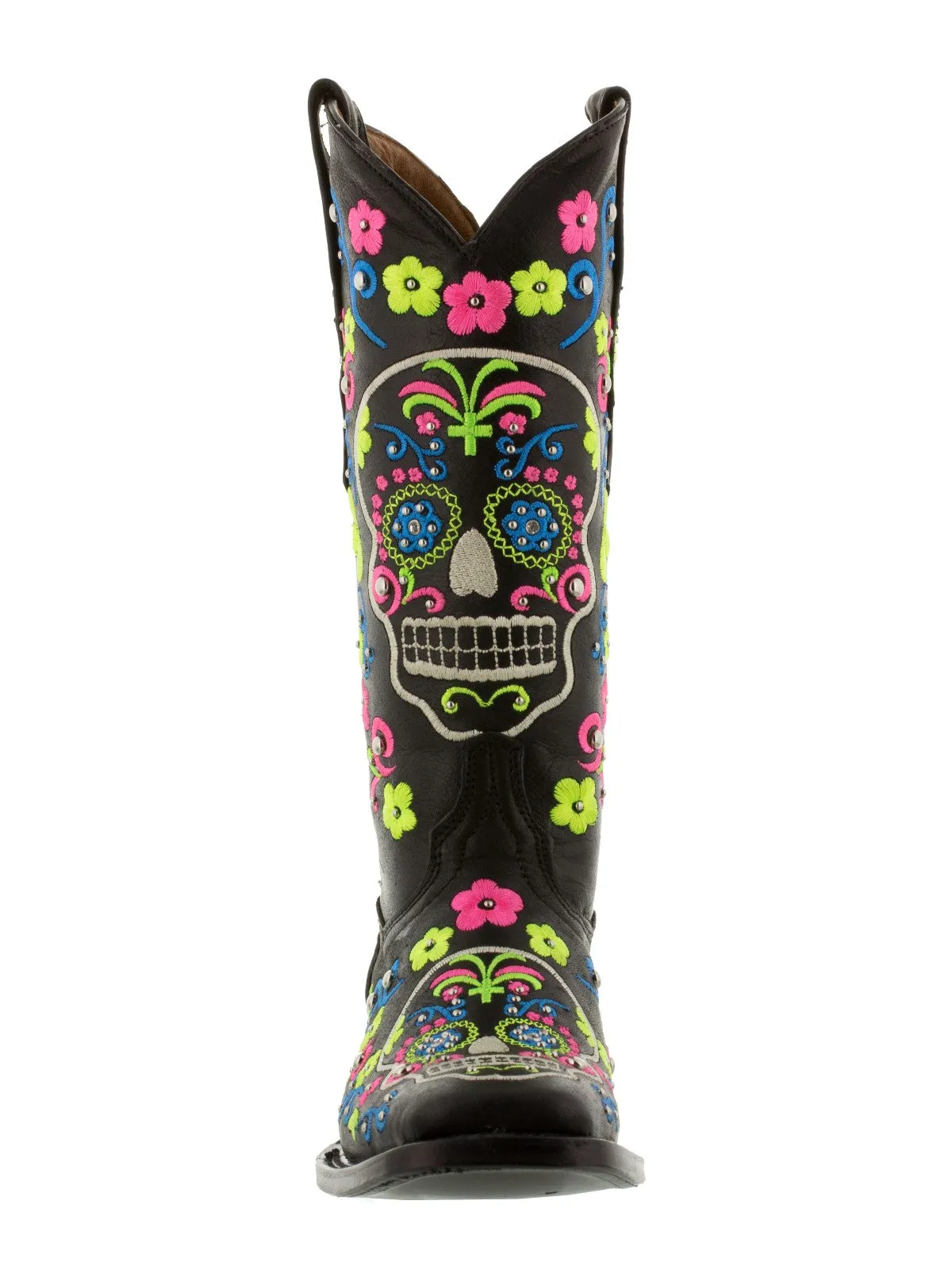 Women Catrina Black Sugar Skull Embroidered Leather Cowboy Boot - Square Toe