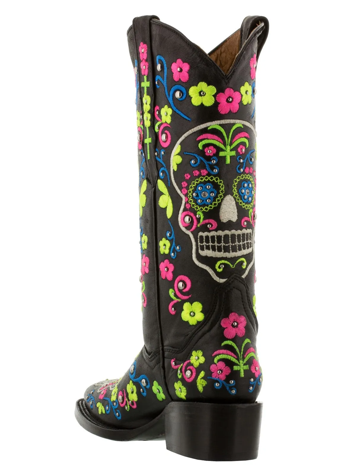 Women Catrina Black Sugar Skull Embroidered Leather Cowboy Boot - Square Toe