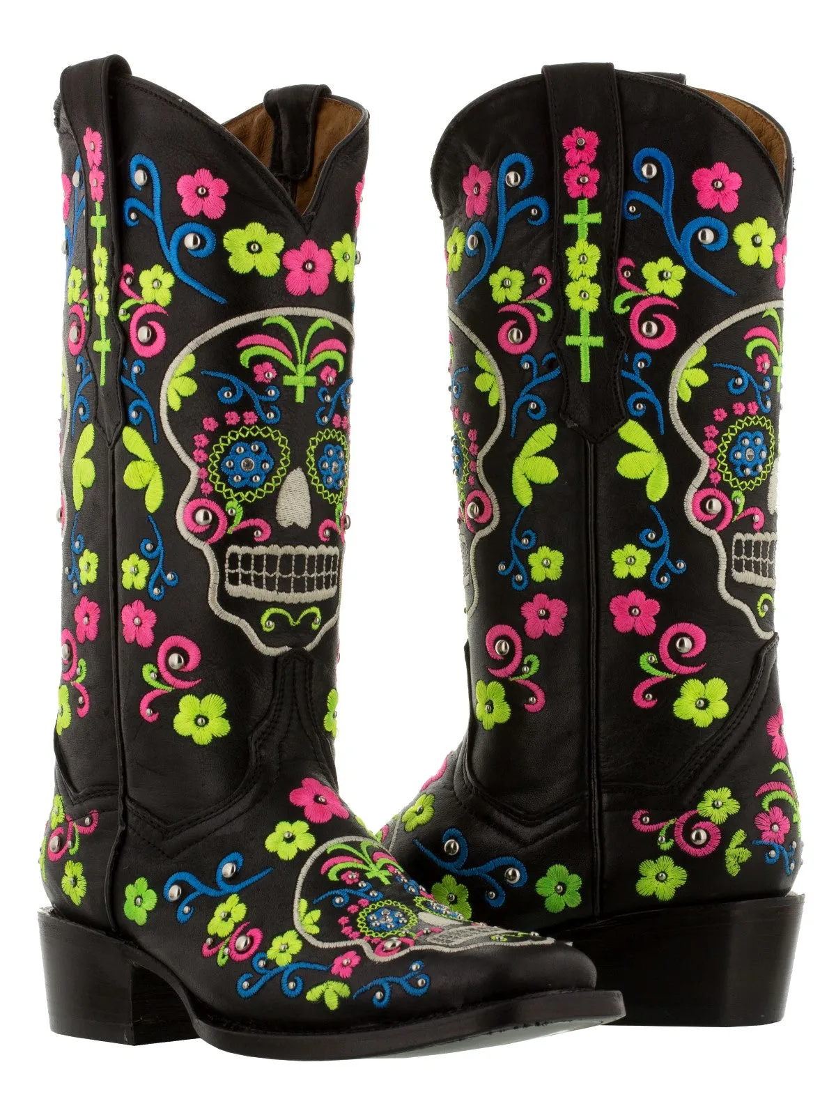 Women Catrina Black Sugar Skull Embroidered Leather Cowboy Boot - Square Toe