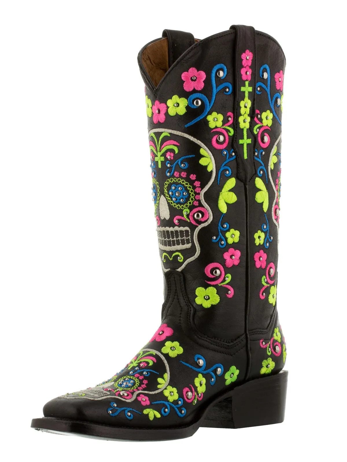 Women Catrina Black Sugar Skull Embroidered Leather Cowboy Boot - Square Toe