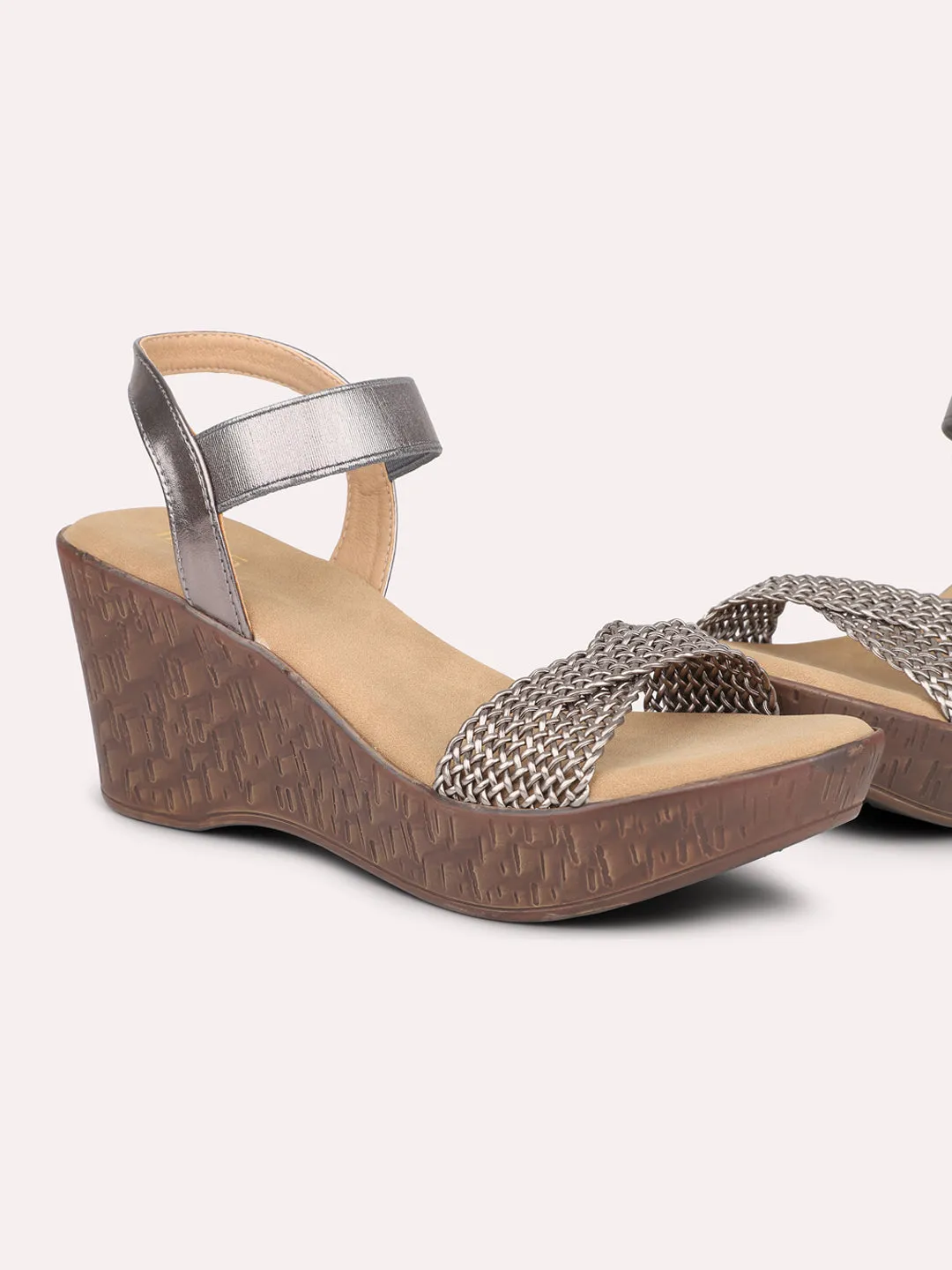 Women Pewter Woven Design Wedges Heels