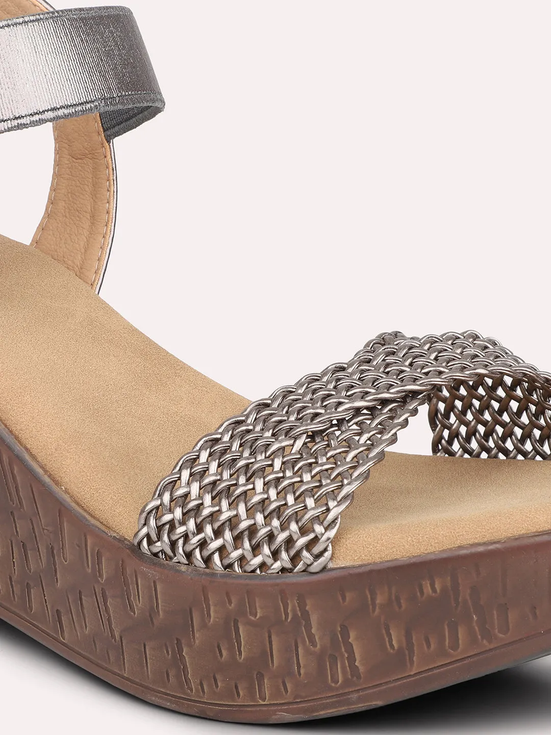 Women Pewter Woven Design Wedges Heels