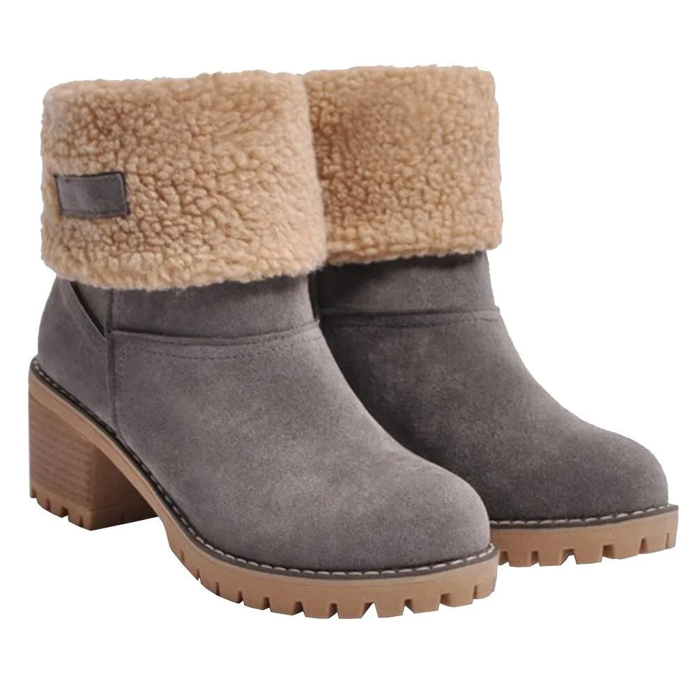 Women Warm Fur Lining Chunky Square Heels Mid-Calf Snow Winter Boots