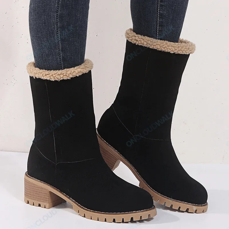 Women Warm Fur Lining Chunky Square Heels Mid-Calf Snow Winter Boots