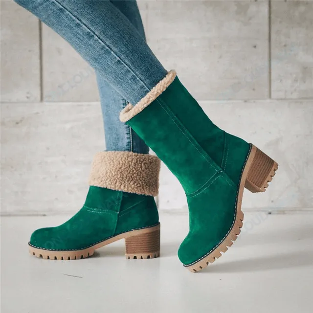 Women Warm Fur Lining Chunky Square Heels Mid-Calf Snow Winter Boots