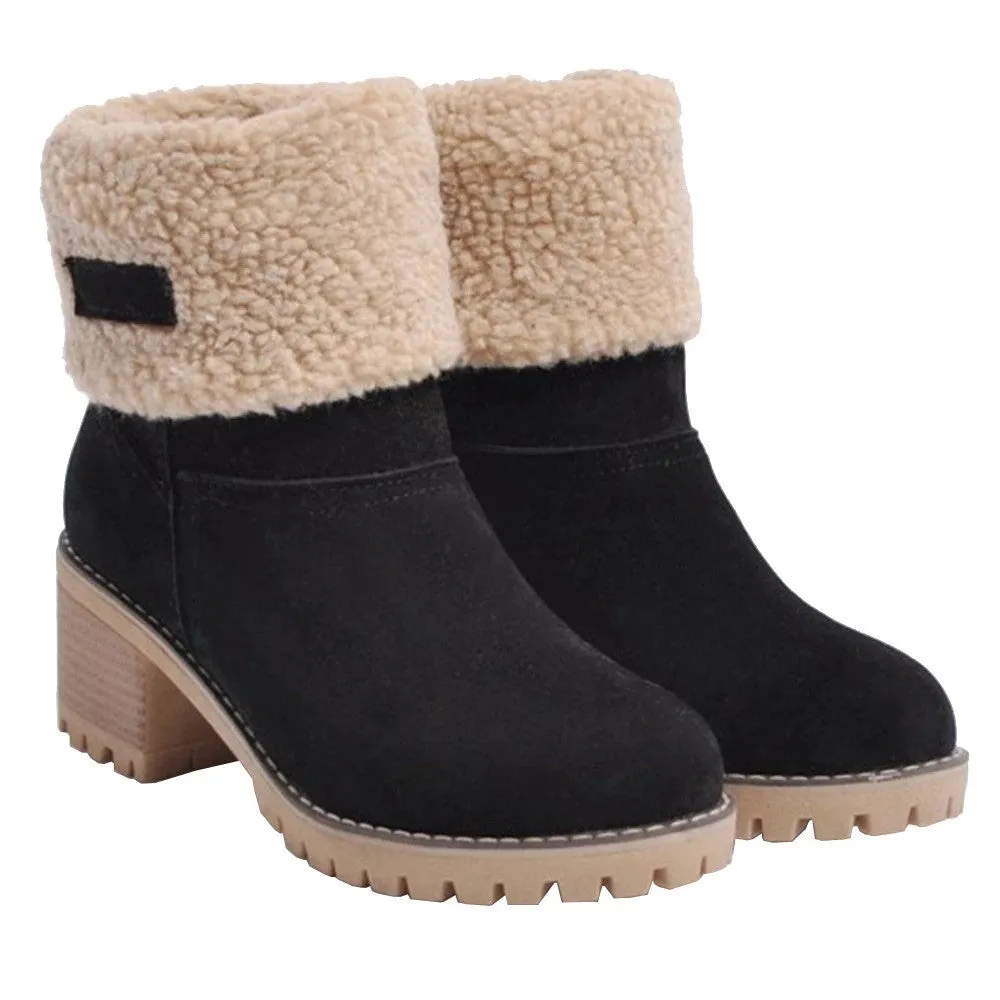 Women Warm Fur Lining Chunky Square Heels Mid-Calf Snow Winter Boots