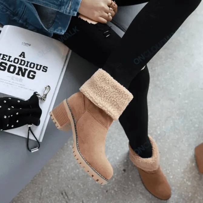 Women Warm Fur Lining Chunky Square Heels Mid-Calf Snow Winter Boots