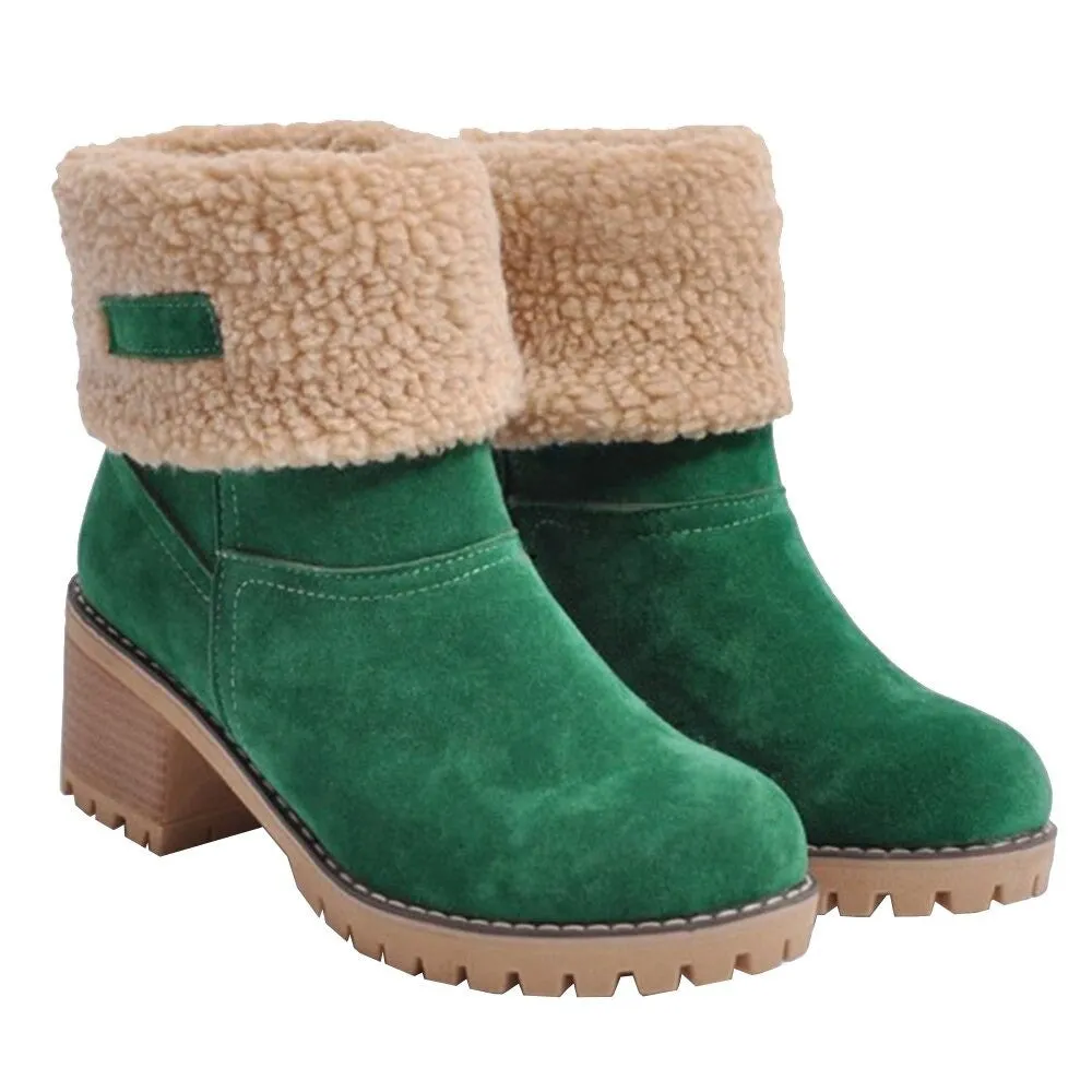 Women Warm Fur Lining Chunky Square Heels Mid-Calf Snow Winter Boots