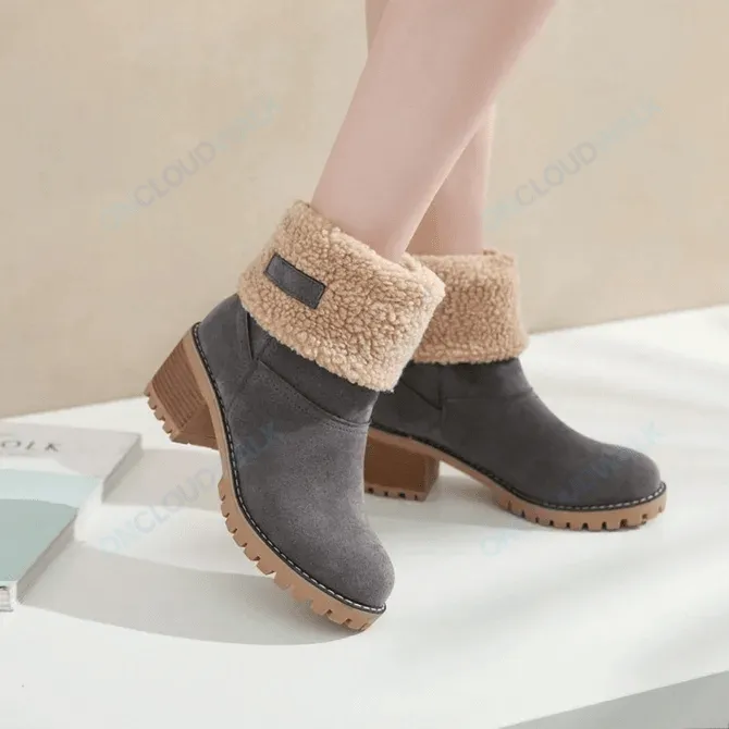 Women Warm Fur Lining Chunky Square Heels Mid-Calf Snow Winter Boots