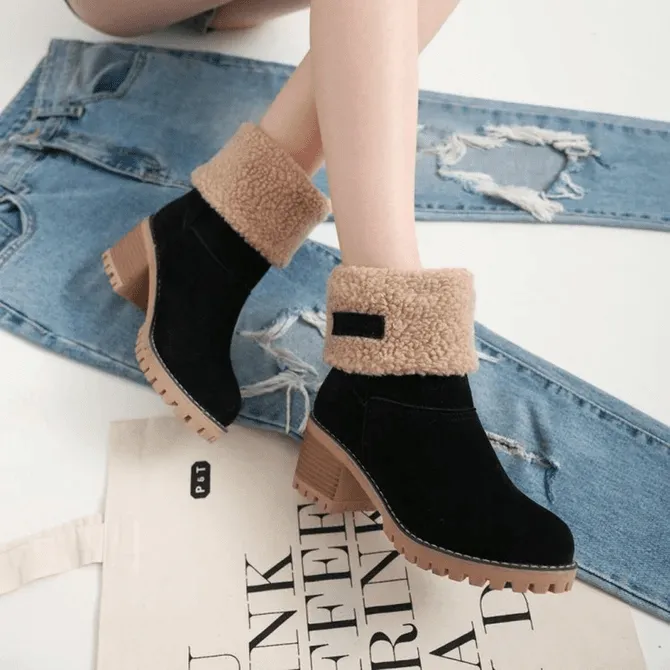 Women Warm Fur Lining Chunky Square Heels Mid-Calf Snow Winter Boots