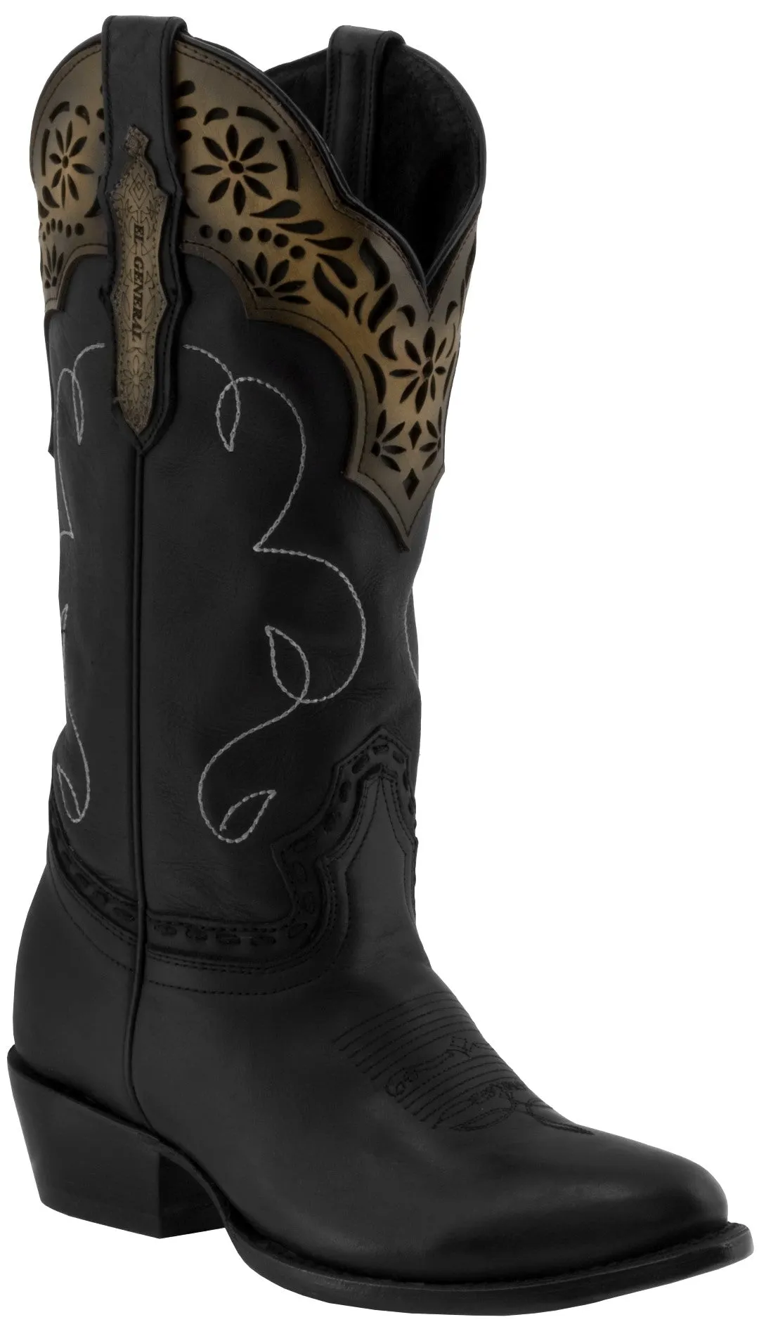 Women's Black Cowboy Boots Real Leather Round Toe Floral Overlay