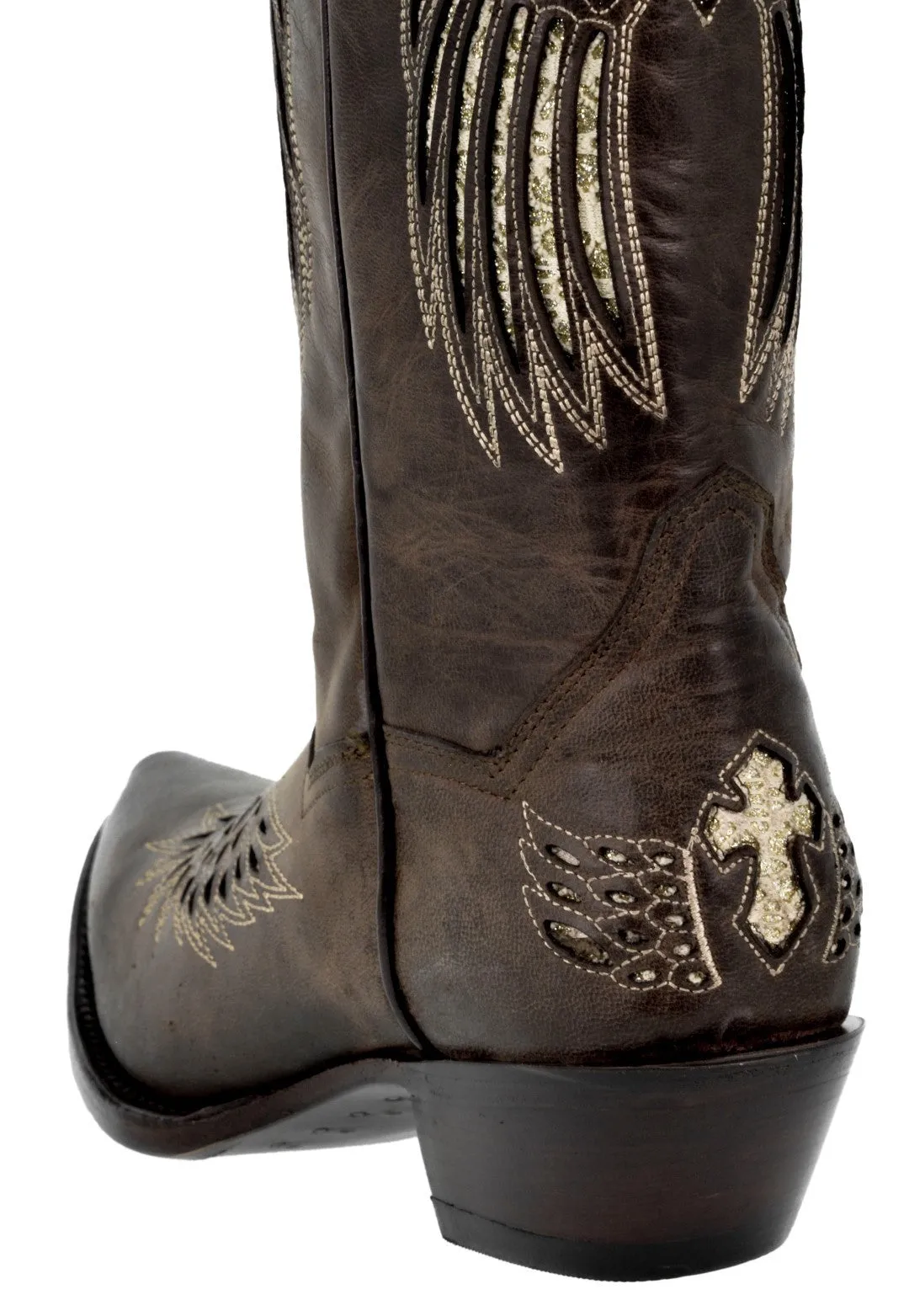 Womens Brown Cowboy Boots Cross & Wing Sequins - Snip Toe