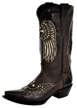 Womens Brown Cowboy Boots Cross & Wing Sequins - Snip Toe