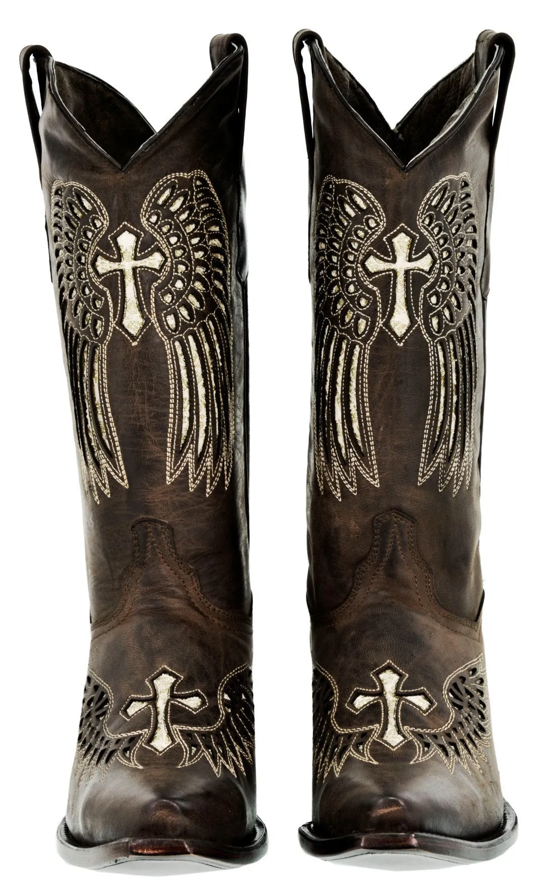 Womens Brown Cowboy Boots Cross & Wing Sequins - Snip Toe