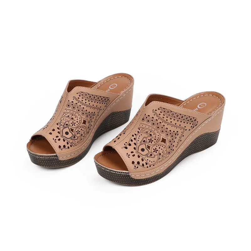 Women's Fashion Platform Wedge Slipper Heels - Brown